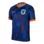 Blue Netherlands national team football jersey with orange collar and abstract blue-orange pattern, Nike logo on chest and crest visible on left chest.