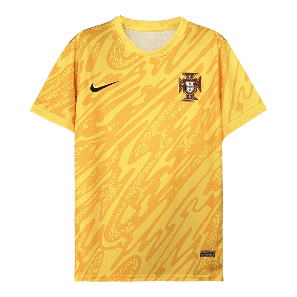 Bright yellow Portugal soccer jersey with the crest on the left chest and a black Nike swoosh on the right chest.