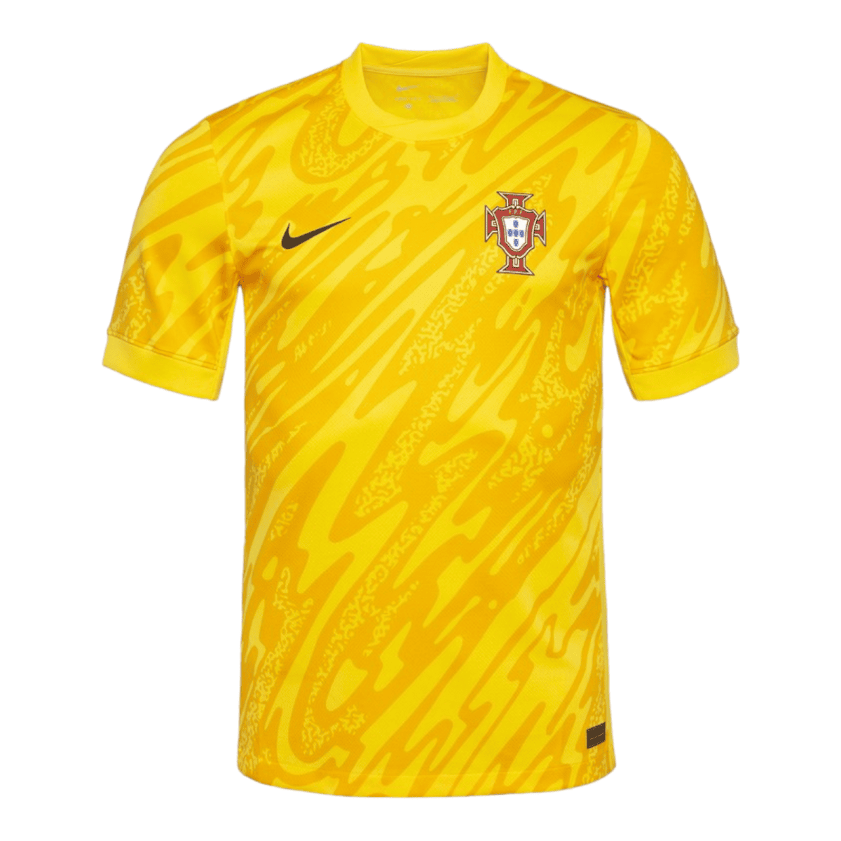 Yellow Portugal national team soccer jersey with a bold abstract pattern, crest on the chest, and Nike swoosh on the left.