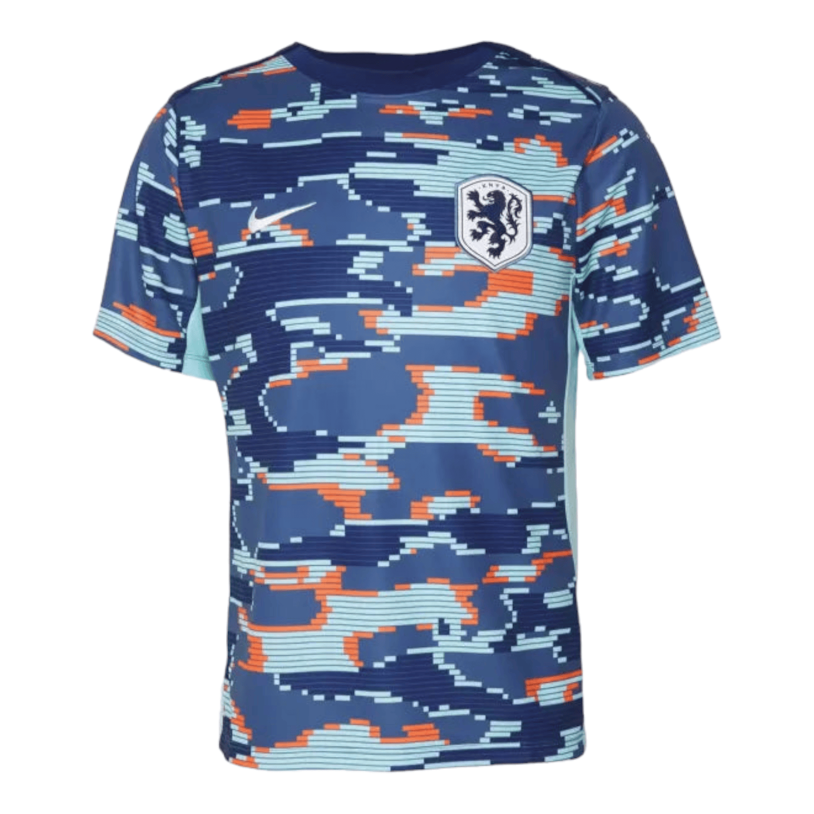 Photoroom-20240504-195257 | UAE SPORT STORE Blue digital camouflage football jersey with orange and light-blue accents, featuring a white shield Netherlands crest on the left chest.