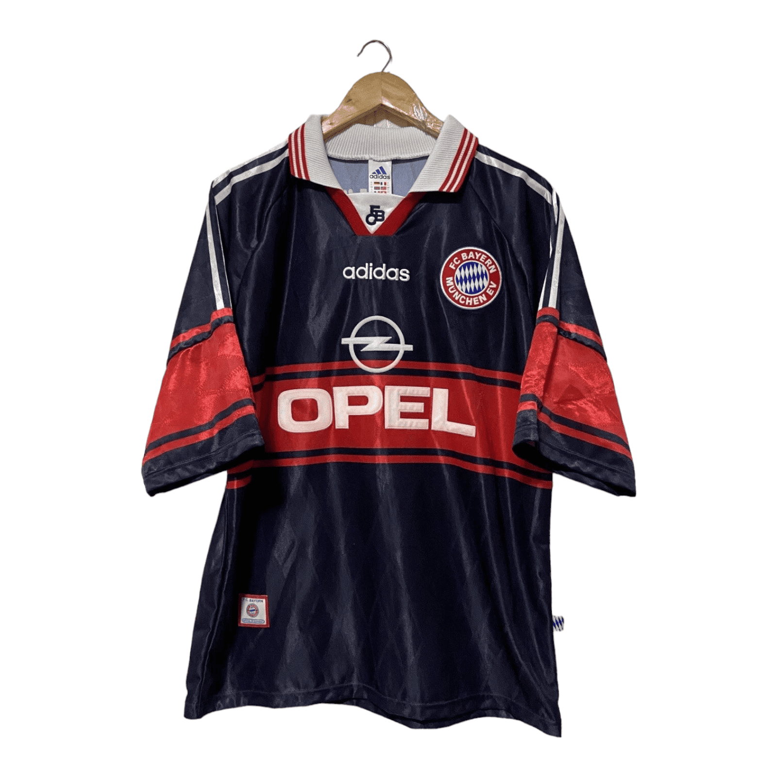 Photoroom-20240515-171614 | UAE SPORT STORE Dark blue FC Bayern Munich football jersey on a wooden hanger, featuring Adidas logo and Opel sponsor across the chest.