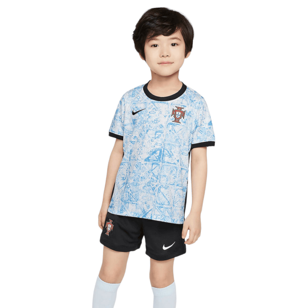 Young boy posing in a Portugal soccer jersey with a blue geometric pattern and black trim, smiling softly.