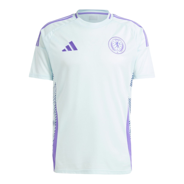 White football jersey with purple trim and Adidas logo on chest, featuring a Scotland crest on the right side of the chest