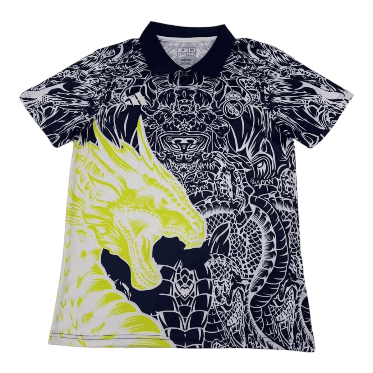 Polo shirt with a dark navy body and all-over white-and-navy dragon motif, plus a light-yellow dragon swooping across the front.