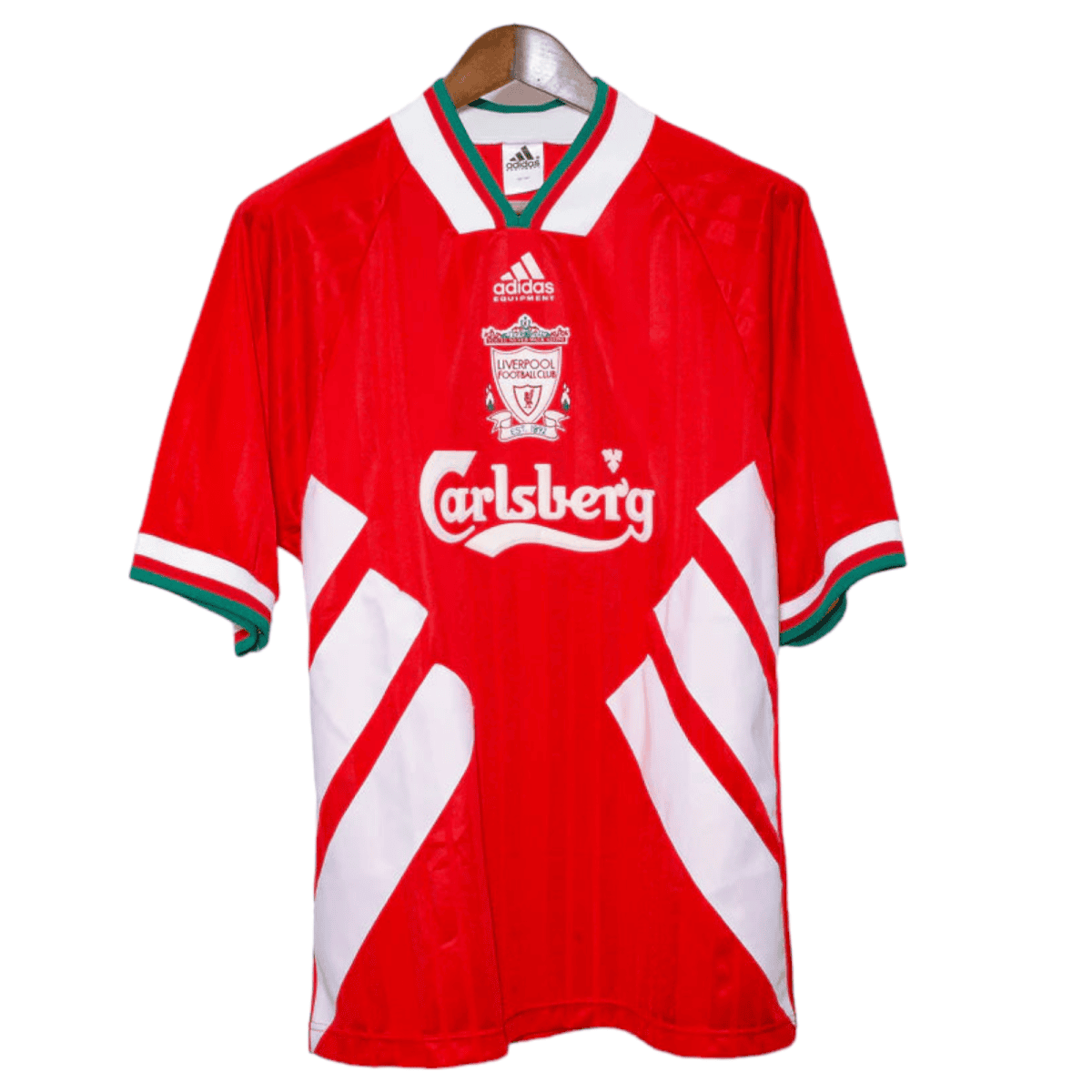 Red Liverpool FC jersey with white diagonal panels and green-trim collar, sponsor Carlsberg logo visible.