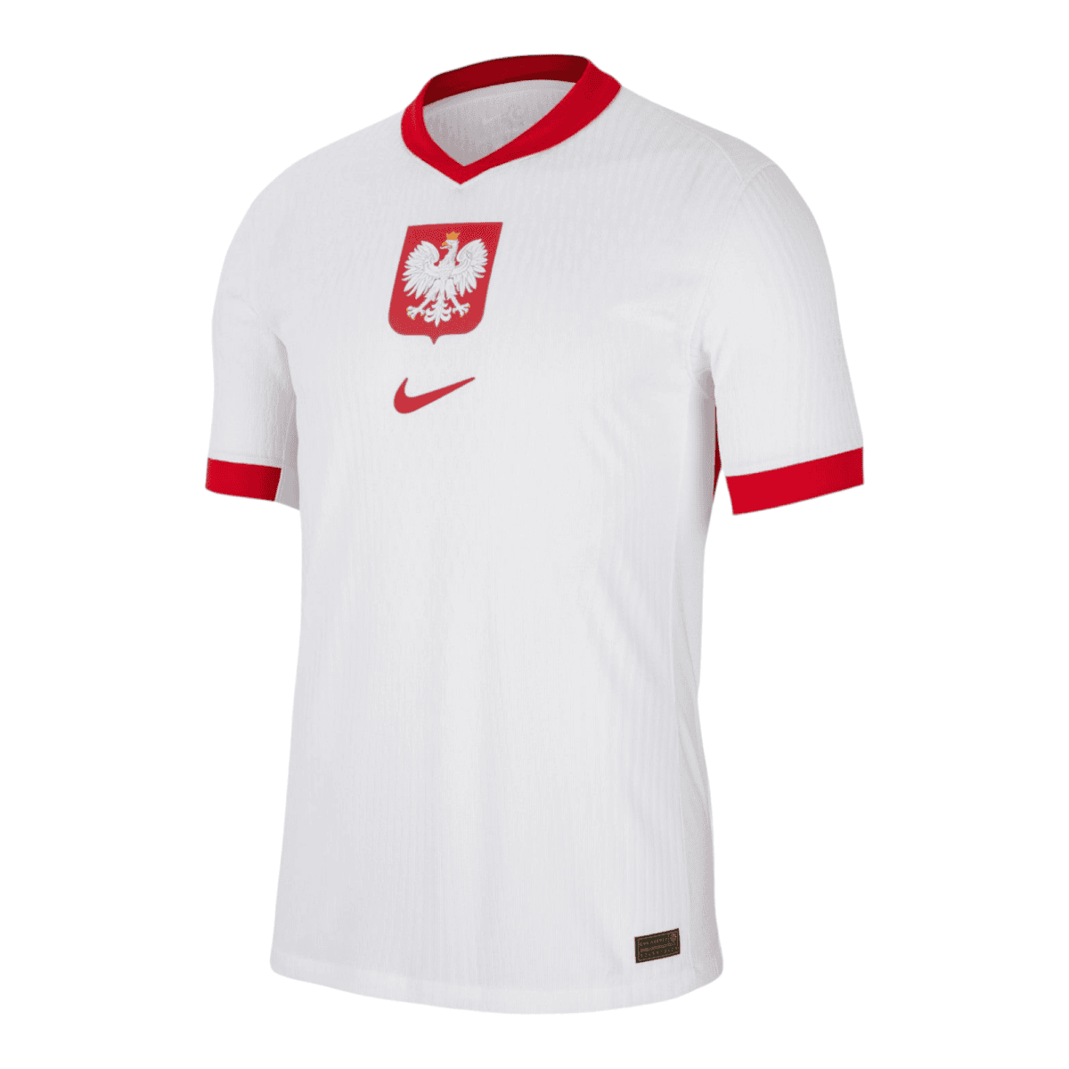 White Poland national soccer jersey with red collar and chest emblem (polish eagle) and red Nike swoosh on the chest area.