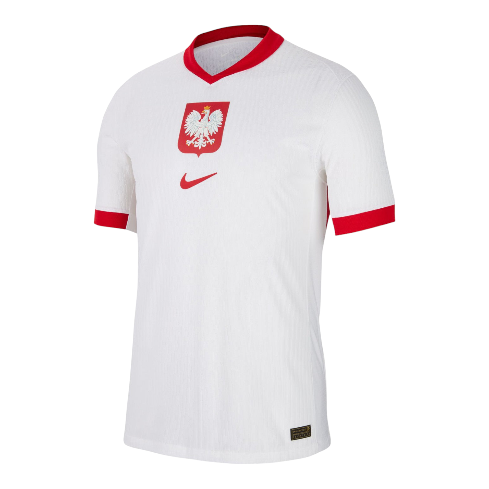 Photoroom-20240614-053412 White Poland national soccer jersey with red collar and chest emblem (polish eagle) and red Nike swoosh on the chest area.