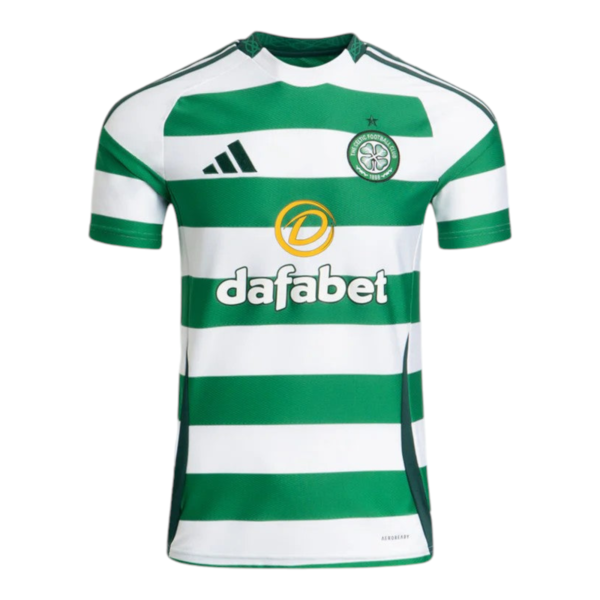 Green and white striped football jersey with Celtic FC crest on the chest and 'dafabet' sponsor logo in the center front