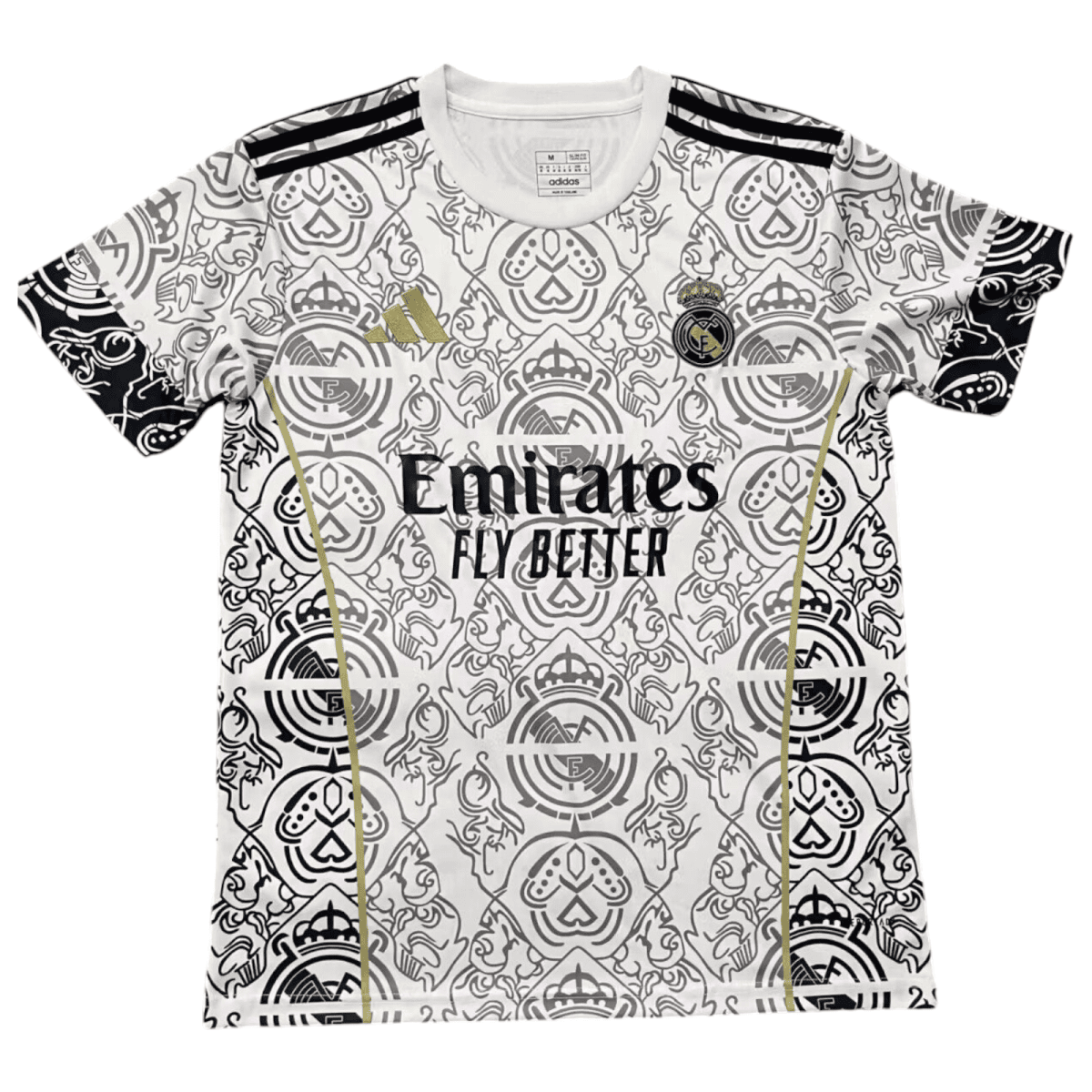Real Madrid football jersey with an intricate grayscale pattern and Emirates sponsor logo on the front.