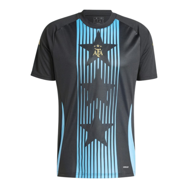 Black athletic T-shirt with blue vertical stripe pattern and a gold star with AFA initials at the center chest area.