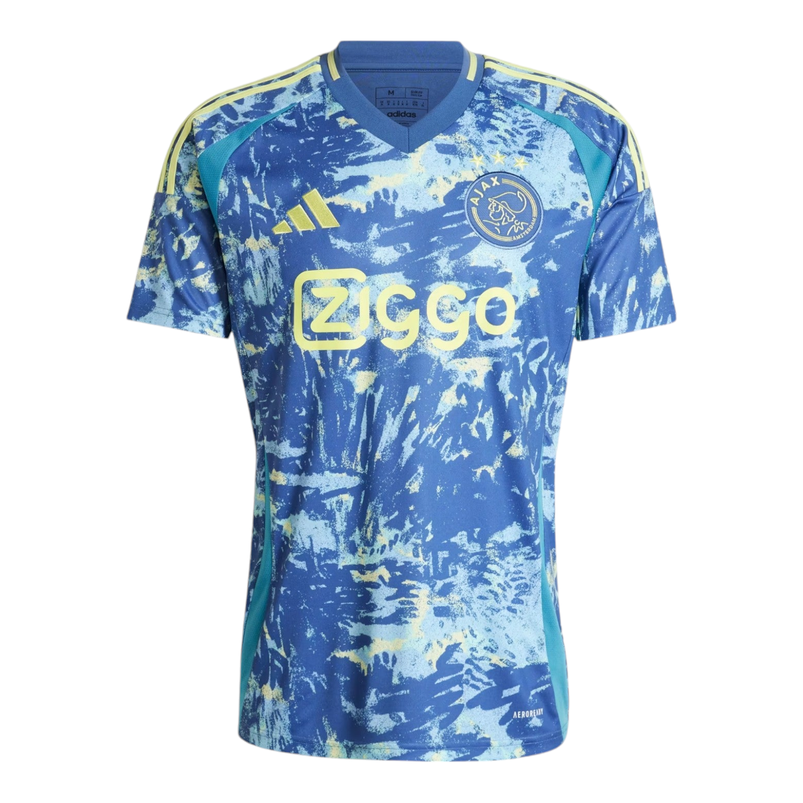 Photoroom-20240717-191402 Front view of a blue Ajax football jersey with a yellow Ziggo sponsor logo, Adidas emblem, and team crest over an abstract print.