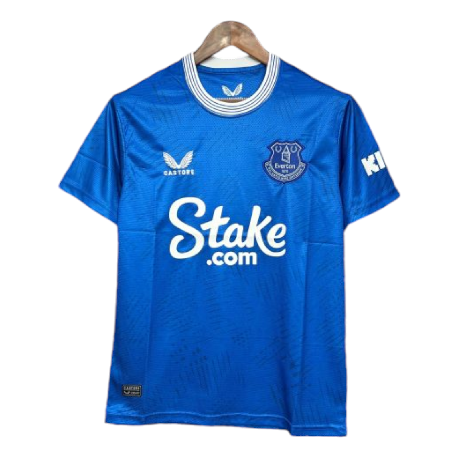 Photoroom-20240717-191509 Blue Everton football jersey on hanger with sponsor 'Stake.com' and club crest, front view (informative)