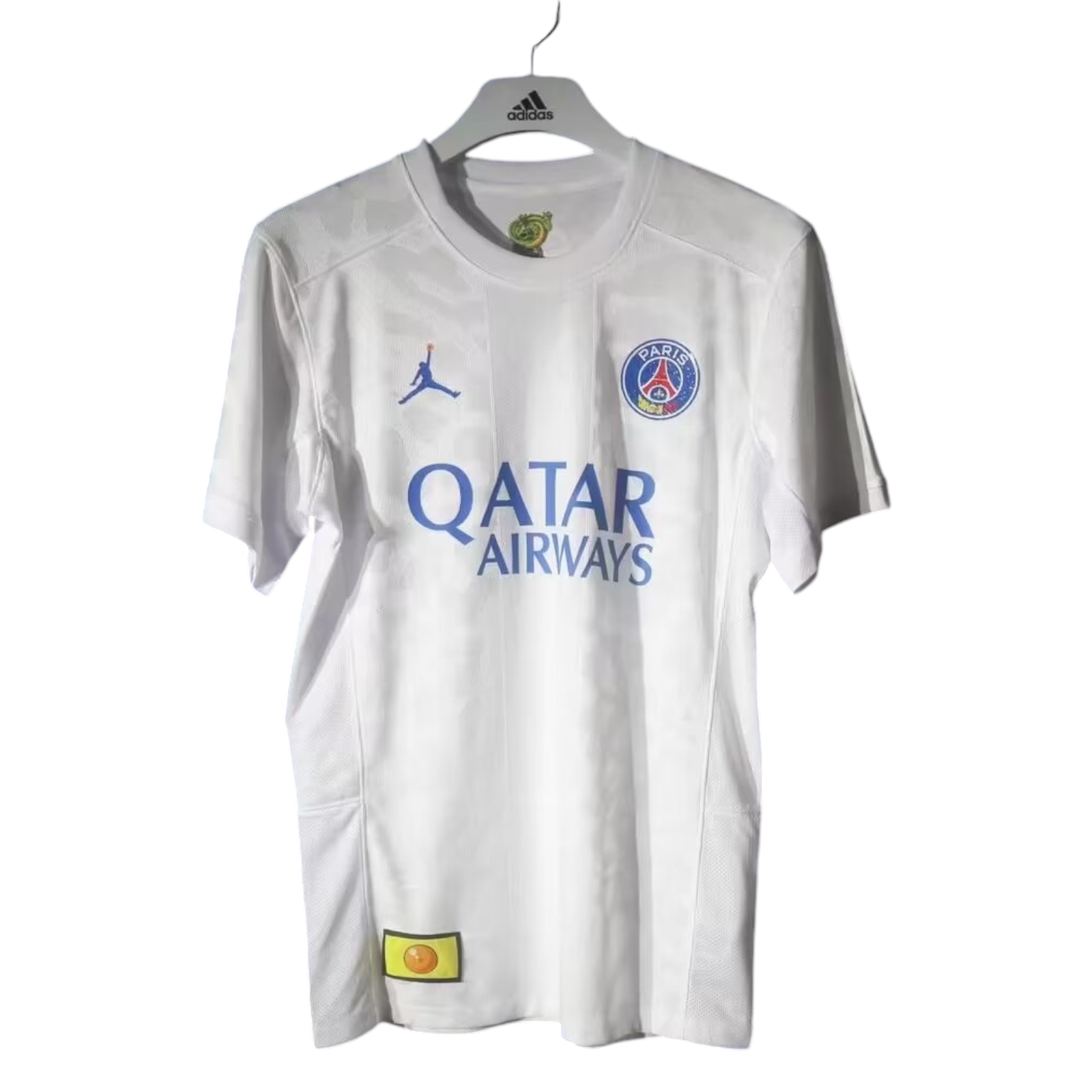 Photoroom-20240717-192210 White Paris Saint-Germain football jersey on a hanger with Qatar Airways sponsor text and club crest