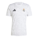 White Real Madrid jersey with a gray geometric pattern, Adidas logo on the chest, Real Madrid crest on the opposite side.