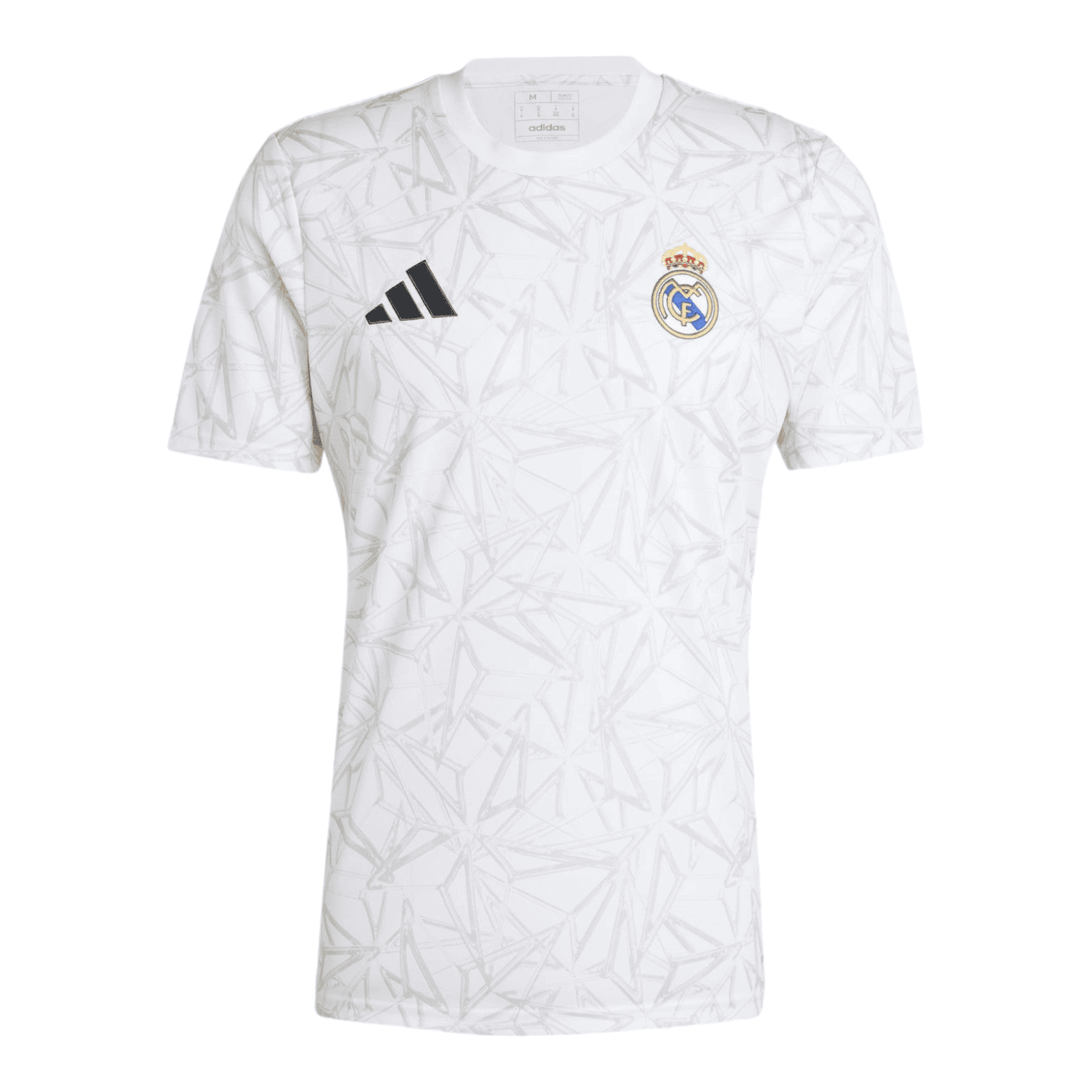 Photoroom-20240717-192403 | UAE SPORT STORE White Real Madrid jersey with a gray geometric pattern, Adidas logo on the chest, Real Madrid crest on the opposite side.