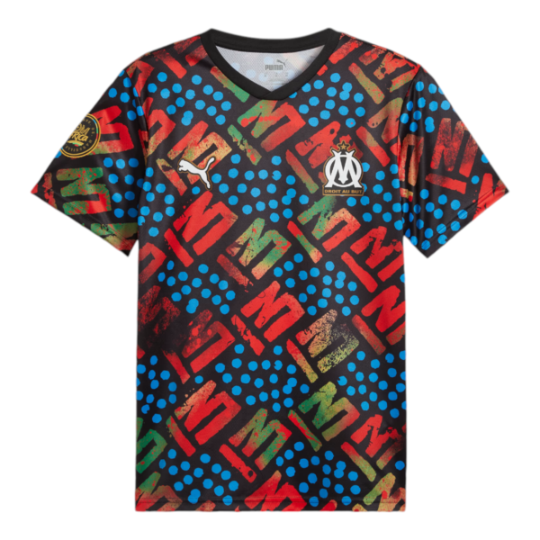 Colorful football jersey with abstract red, green, and blue pattern, featuring Puma logo and Marseille crest.