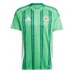 Green Northern Ireland football jersey featuring dark green vertical stripes and team crest on the left chest, Adidas logo on the right.