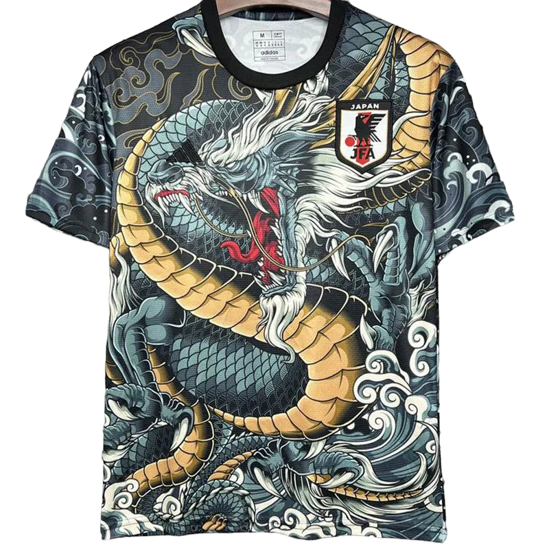 Photoroom-20240720-055606 T-shirt featuring a detailed blue-gold dragon graphic, black neckline, and a Japan Football Association badge on the chest.