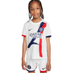 Young girl wearing a white Paris Saint-Germain soccer jersey with red/blue accents, standing against a white background.