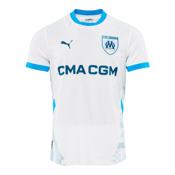 White OM soccer jersey with blue trim, featuring the OM crest, Puma logo, and CMA CGM sponsor.