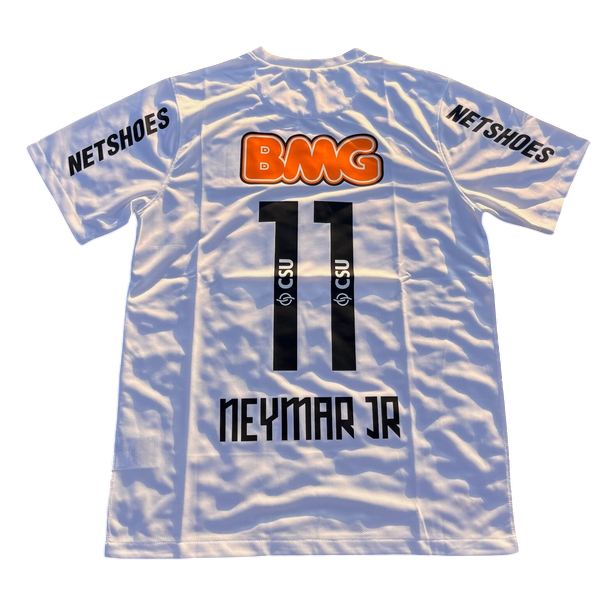 White soccer jersey laid flat, back view: Neymar Jr name and number 11 in black, orange BMG logo, sponsor nets on sleeves (Netshoes).