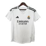 White Real Madrid football jersey on a wooden hanger, featuring crest, Adidas logo, and Emirates sponsor
