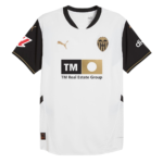White Valencia CF soccer jersey with black sleeves, featuring gold TM Real Estate Group sponsor and Puma logos; Valencia crest on chest.