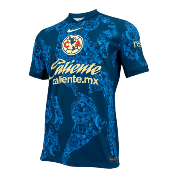 Blue Club América soccer jersey with gold sponsor 'Caliente.mx', crest and Nike swoosh, front view.