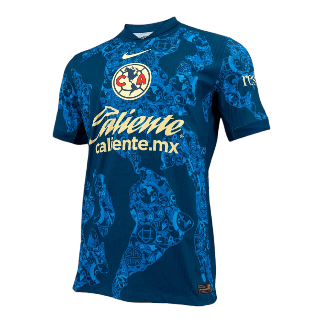 Photoroom-20240806-060250 | UAE SPORT STORE Blue Club América soccer jersey with gold sponsor 'Caliente.mx', crest and Nike swoosh, front view.