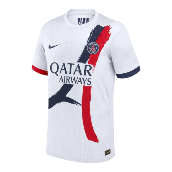 White PSG football jersey with red and navy brushstroke design, Qatar Airways sponsor, Nike logo, and Paris crest visible on chest under bright lighting.