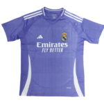 Purple Real Madrid football jersey featuring Emirates Fly Better sponsorship, Adidas logo, and club crest on the chest.