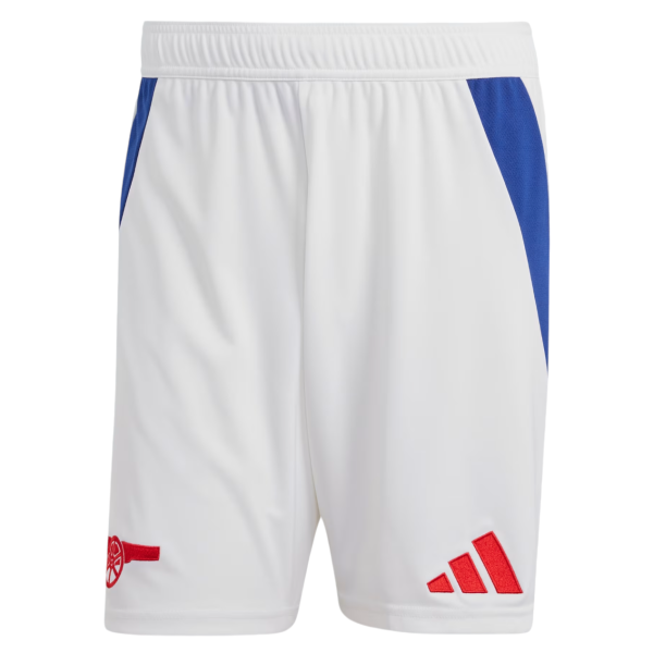 White athletic shorts with blue side panels and elastic waistband; red Arsenal cannon logo on the left leg and red Adidas stripes on the right leg