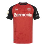Red Leverkusen soccer jersey with black sleeves and Barmenia sponsor across the chest, featuring team crest on the left and Castore logo on the right sleeve edge.