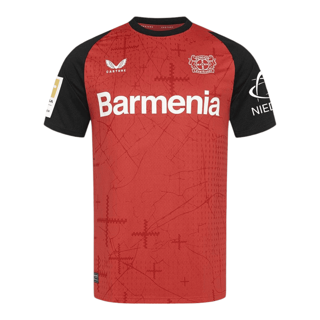 Photoroom-20240806-061313 | UAE SPORT STORE Red Leverkusen soccer jersey with black sleeves and Barmenia sponsor across the chest, featuring team crest on the left and Castore logo on the right sleeve edge.