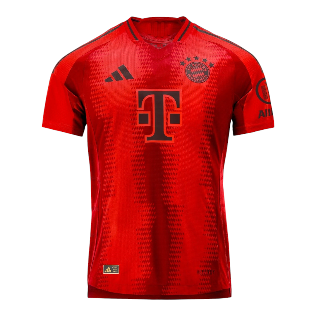 Photoroom-20240806-061418 Red FC Bayern jersey with Telekom logo and Adidas stripes, front view, solid red with gradient panels