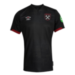 Black West Ham United football jersey with Umbro logo and club crest on the chest; red sleeve cuffs and subtle pattern.