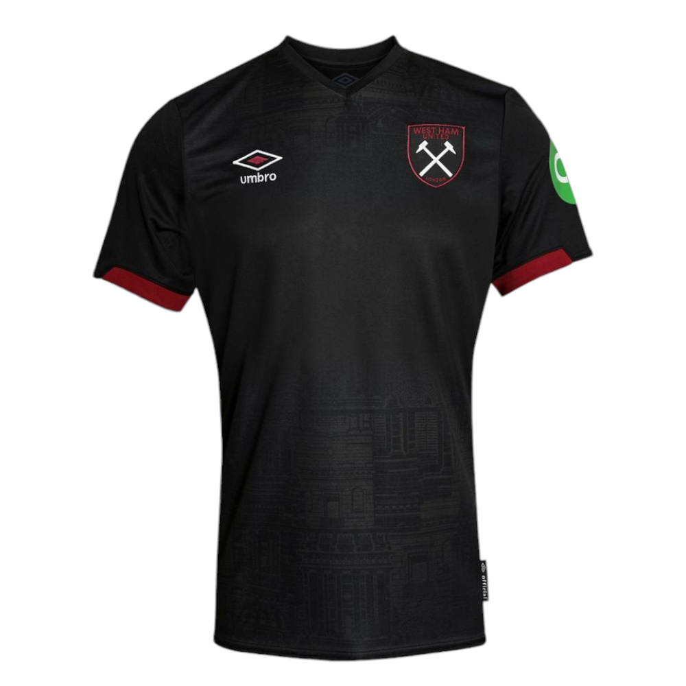 Photoroom-20240807-201201 Black West Ham United football jersey with Umbro logo and club crest on the chest; red sleeve cuffs and subtle pattern.