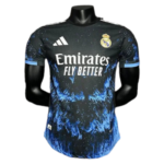 Real Madrid away jersey on a display form with blue splash pattern and Emirates Fly Better sponsor.