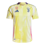 Yellow Juventus soccer jersey with pink side panels, Adidas logo, and four-star crest on the chest (informative sportswear image).