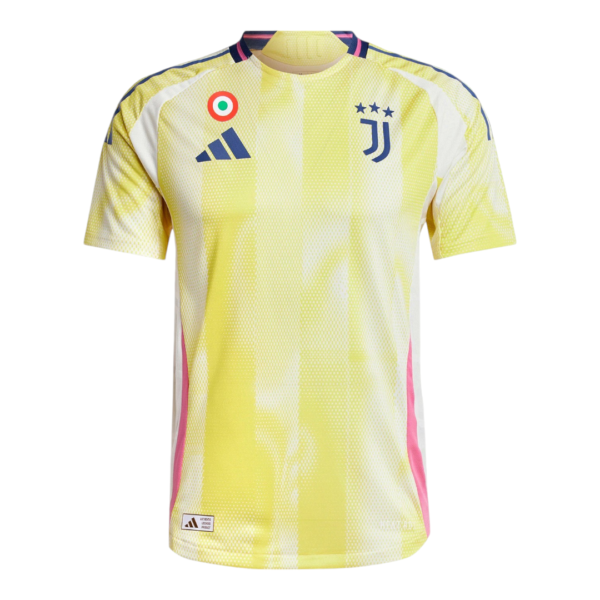 Yellow Juventus soccer jersey with pink side panels, Adidas logo, and four-star crest on the chest (informative sportswear image).