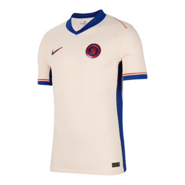 Beige Chelsea football jersey with blue collar and sleeve trim, Nike logo and club crest on the chest.