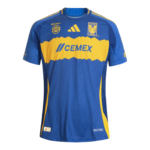 Blue and yellow soccer jersey with geometric pattern, sponsor 'CEMEX', and Tigres UANL crest on chest.