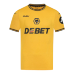 Yellow soccer jersey with black trim and DEBET sponsor logo on chest, Wolves crest on front center, branded SUDU on sleeves and collar edge.