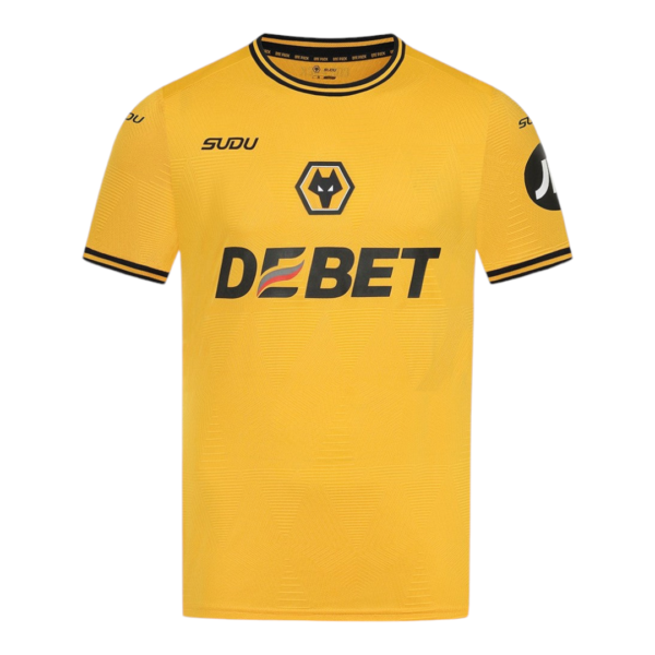 Yellow soccer jersey with black trim and DEBET sponsor logo on chest, Wolves crest on front center, branded SUDU on sleeves and collar edge.
