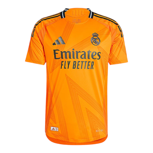 Orange Real Madrid goalkeeper jersey with Emirates Fly Better sponsor, black Adidas logo, and geometric diagonal patterns.