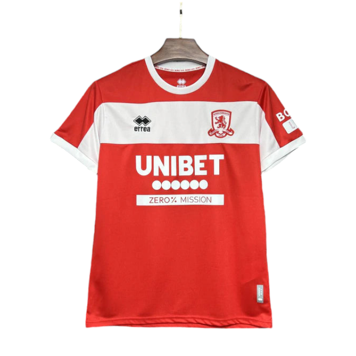 Photoroom-20240815-074033 Red and white soccer jersey on a hanger with the UNIBET sponsor logo on the front.