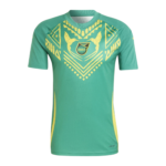 Green athletic jersey with yellow decorative pattern and Jamaica federation crest on chest