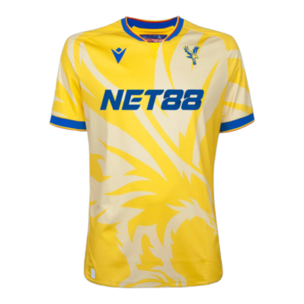 Yellow soccer jersey with blue trim and a large abstract yellow graphic; features NET188 sponsor text across chest and a small blue crest near the shoulder.