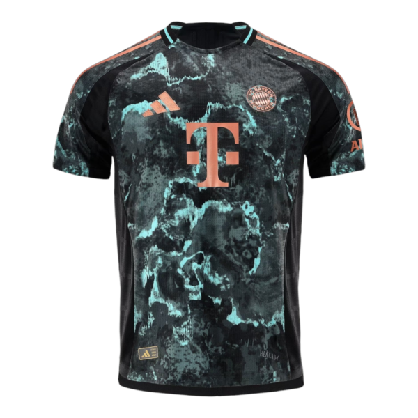 A Bayern Munich football jersey with teal and black marble pattern, large pink T-Mobile logo on front, Adidas logo, and club crest on chest.