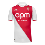 Monaco soccer jersey with red diagonal panel and white base, featuring 'apm MONACO' sponsor text and club crest on the chest